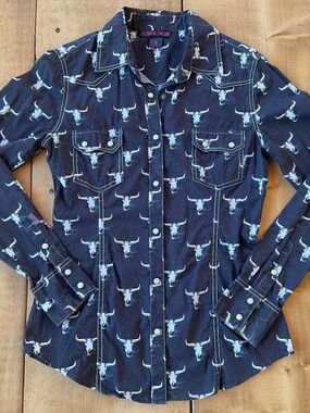 ROCK&ROLL COWGIRL WOMENS FITTED PEARL SNAP SOUTHWESTERN MOTIF COTTON SHIRT SMALL